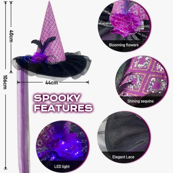 NWT Purple Witch Hat with LED Lights, Feathers & Sequins - Picture 3 of 4
